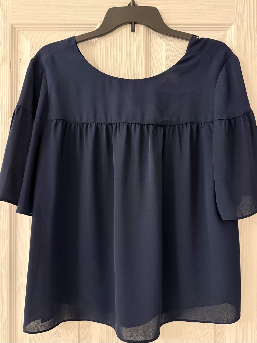 Ann Taylor Navy Flutter-Sleeve Yoke Blouse